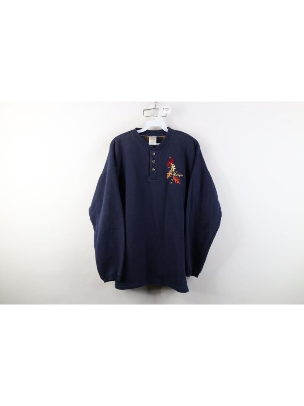 Vintage 90s Mens Large Faded Fall Leaf Michigan Henley Sweatshirt Navy Blue